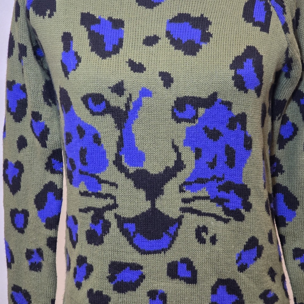 Hooked Up Womens Jrs Sweater Green Purple Leopard Cheetah Cat Print Acrylic XS - Picture 2 of 7